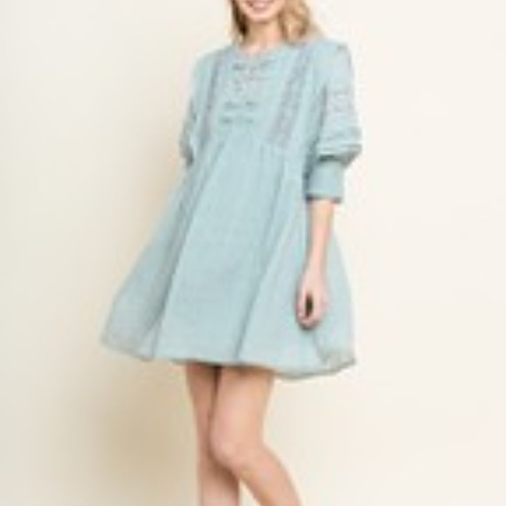 Mint Green, Puff Sleeve Lace and Crochet Dress